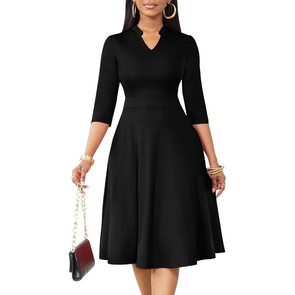 Women Black 3/4 Sleeve Semi Formal Fit and Flare A-line  Dress with Pockets